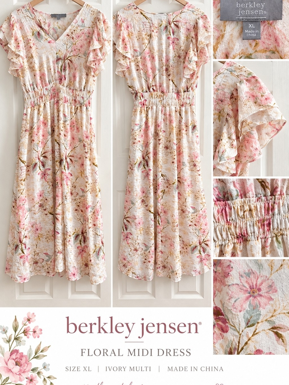 Berkley Jensen Ivory Multi Floral Midi Dress - Pink Floral
